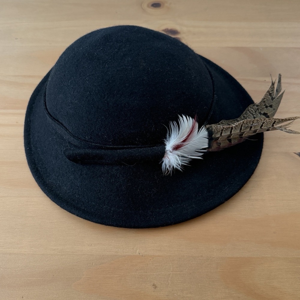 Vtg 50s Lancaster Hat Womens Black Felt 100% Wool Fancy Feathers Costume Cosplay